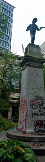 Portland Oregon State. USA 06.12.2020. A painted city after the rallies. BLACK LIFE IS MATTER, painted monument, vandalism